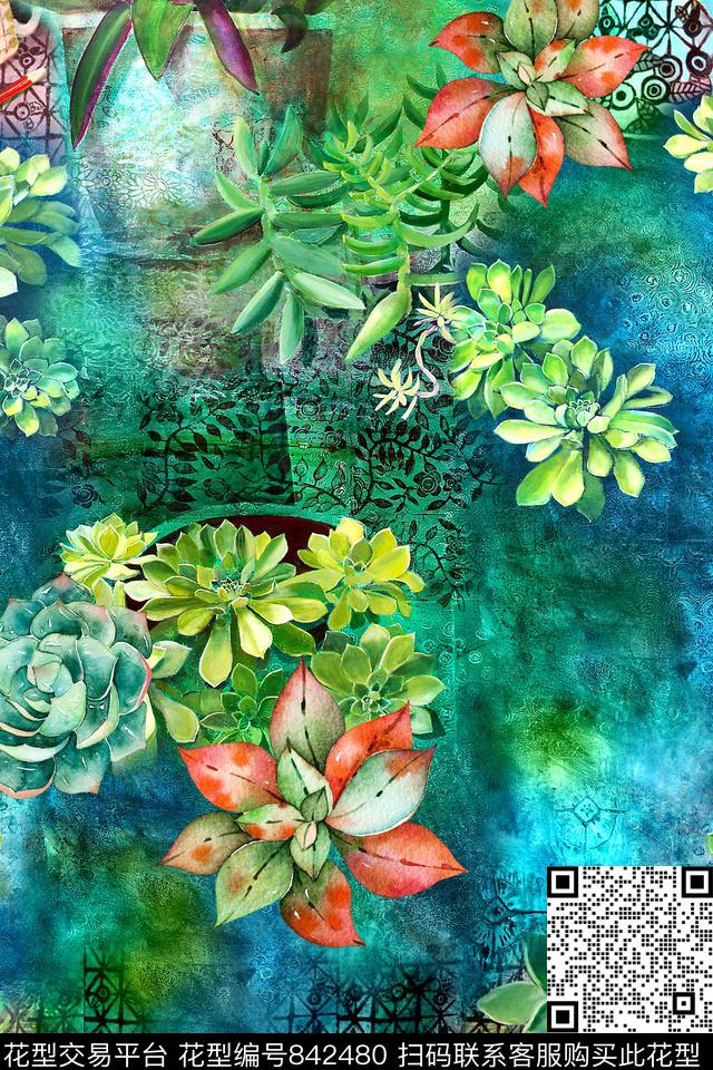 热带风多肉花卉数码印花华亿平台下载（图片编号: 842480） - 瓦栏（Walan）