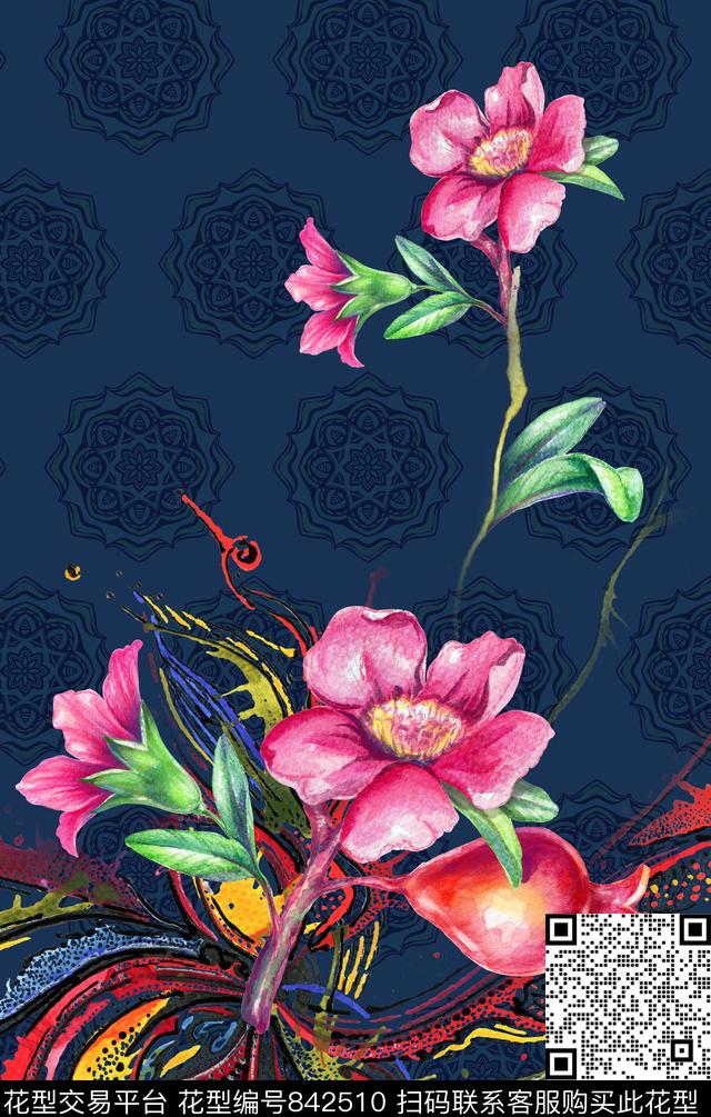 大花花朵花卉数码印花华亿平台下载（图片编号: 842510） - 瓦栏（Walan）