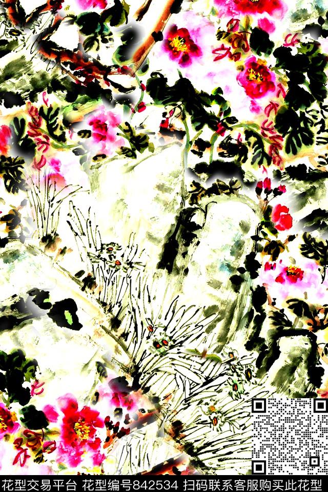 手绘花卉满版散花中国风数码印花华亿平台下载（图片编号: 842534） - 瓦栏（Walan）