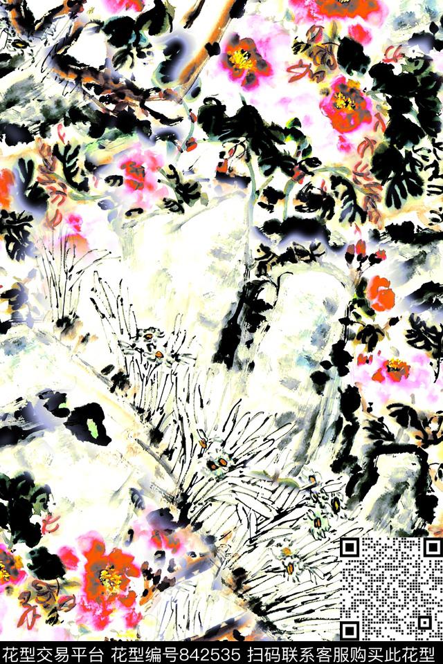 手绘花卉满版散花中国风数码印花华亿平台下载（图片编号: 842535） - 瓦栏（Walan）