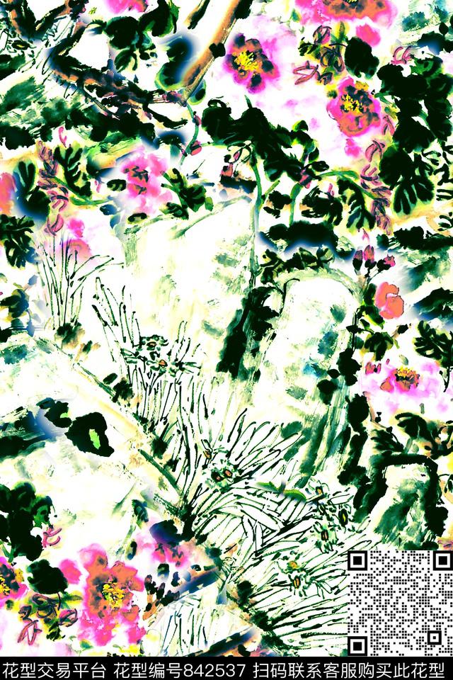 手绘花卉满版散花中国风数码印花华亿平台下载（图片编号: 842537） - 瓦栏（Walan）