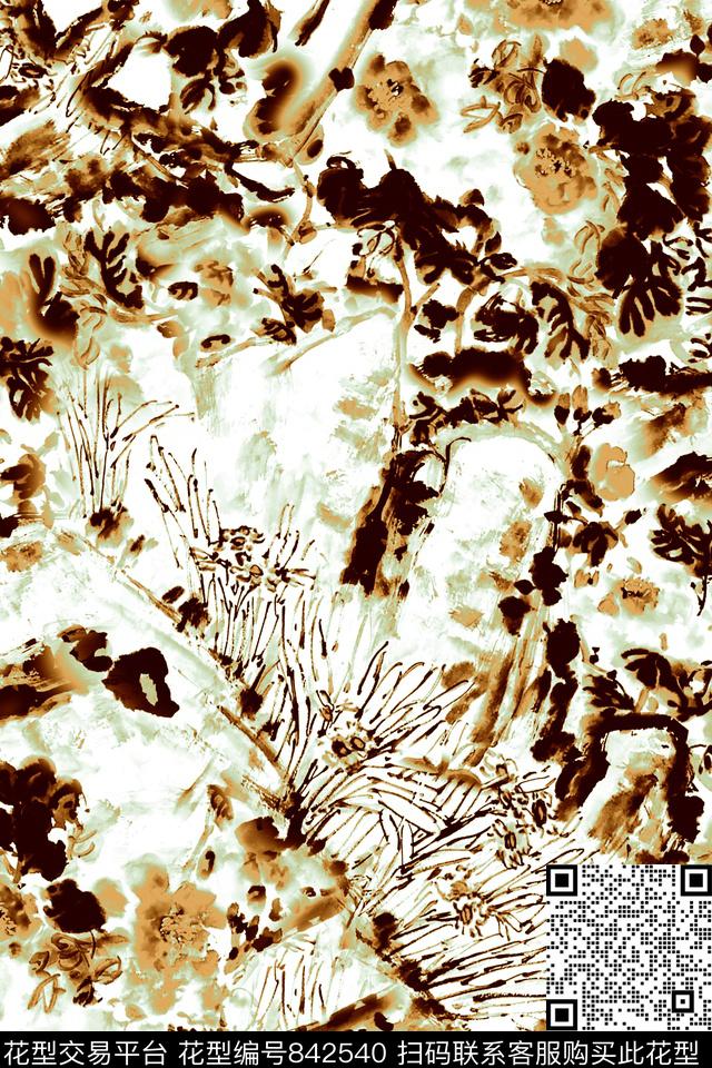 手绘花卉满版散花中国风数码印花华亿平台下载（图片编号: 842540） - 瓦栏（Walan）