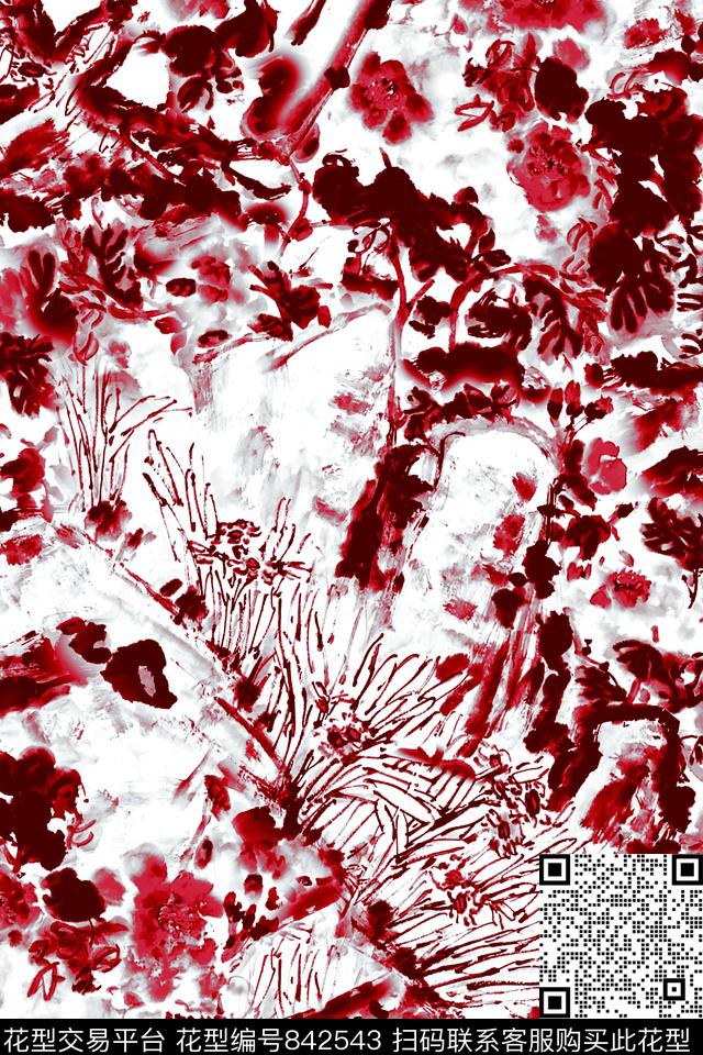 手绘花卉满版散花中国风数码印花华亿平台下载（图片编号: 842543） - 瓦栏（Walan）