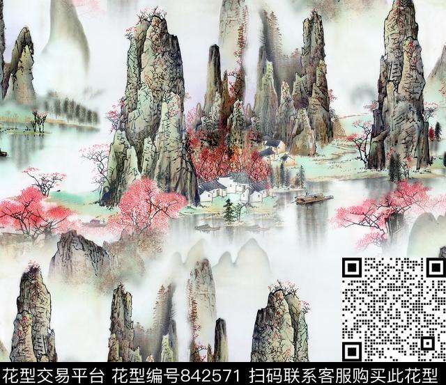 国画山水工笔梅花数码印花华亿平台下载（图片编号: 842571） - 瓦栏（Walan）
