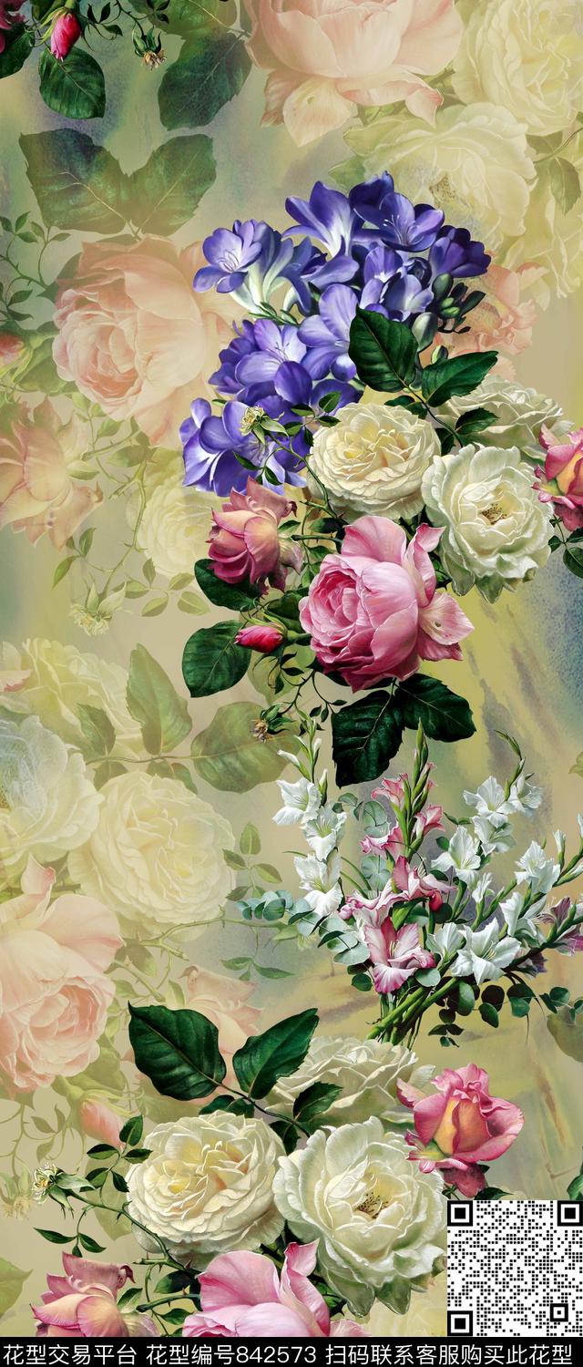 数码印花花卉手绘数码印花华亿平台下载（图片编号: 842573） - 瓦栏（Walan）