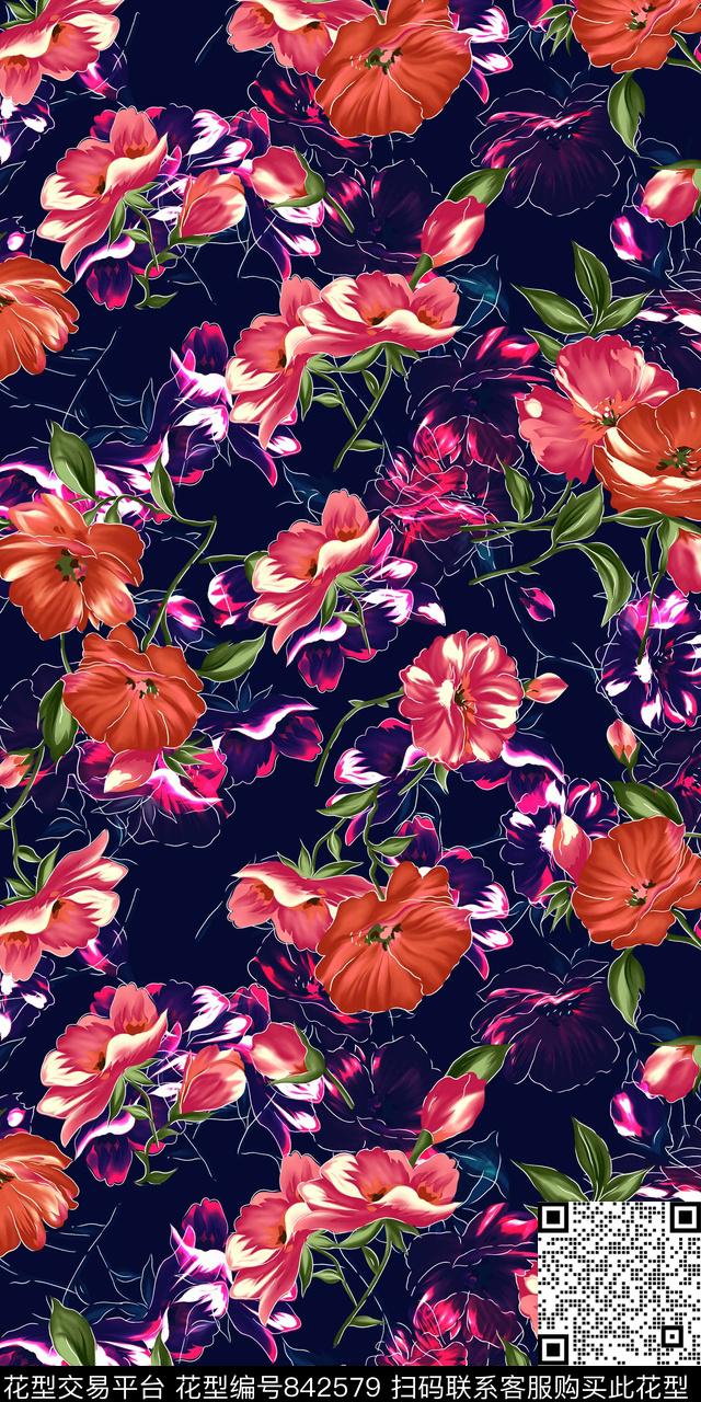 数码印花花卉手绘数码印花华亿平台下载（图片编号: 842579） - 瓦栏（Walan）