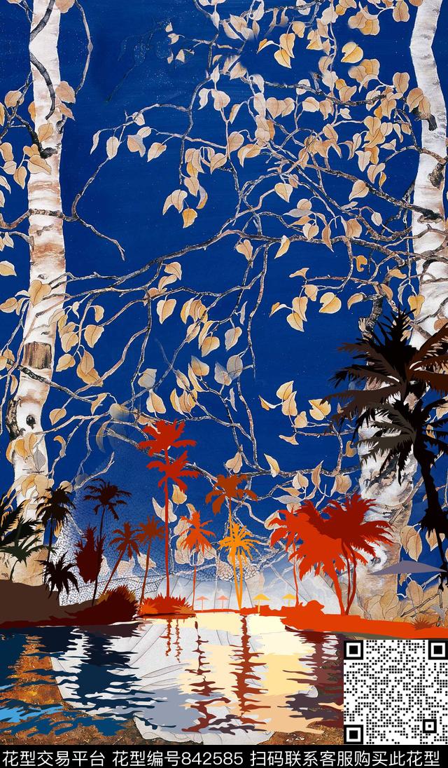 椰子树国画树叶数码印花华亿平台下载（图片编号: 842585） - 瓦栏（Walan）