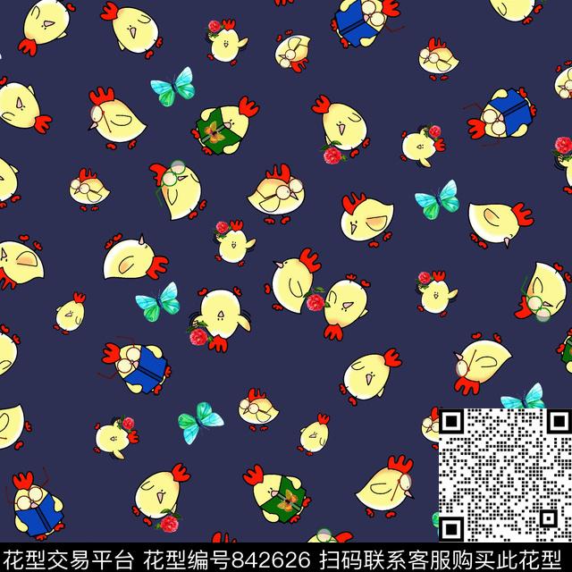 小鸡蝴蝶花朵传统印花华亿平台下载（图片编号: 842626） - 瓦栏（Walan）
