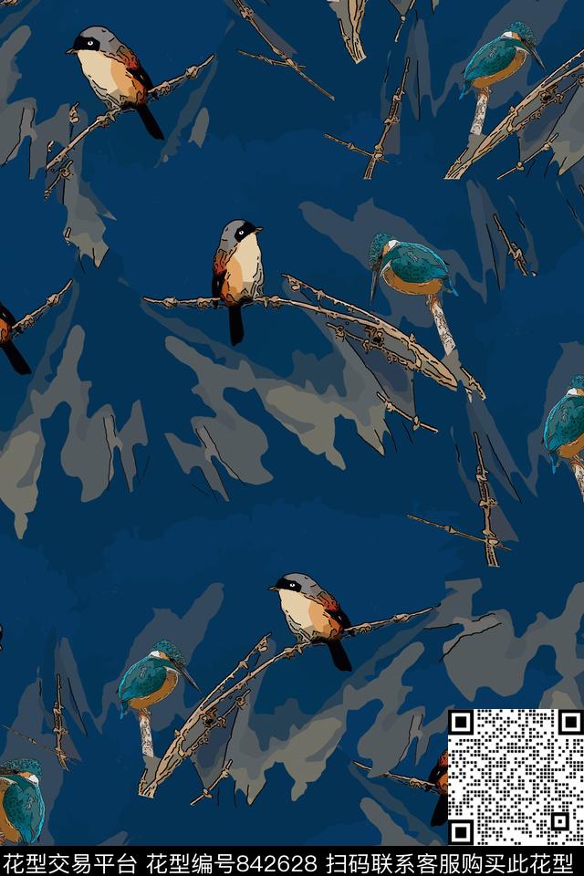 鸟手绘风格雅致色调传统印花华亿平台下载（图片编号: 842628） - 瓦栏（Walan）