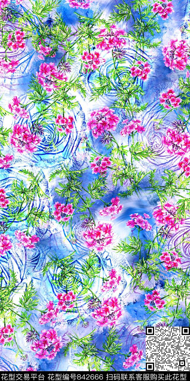 水彩乱花花朵数码印花华亿平台下载（图片编号: 842666） - 瓦栏（Walan）