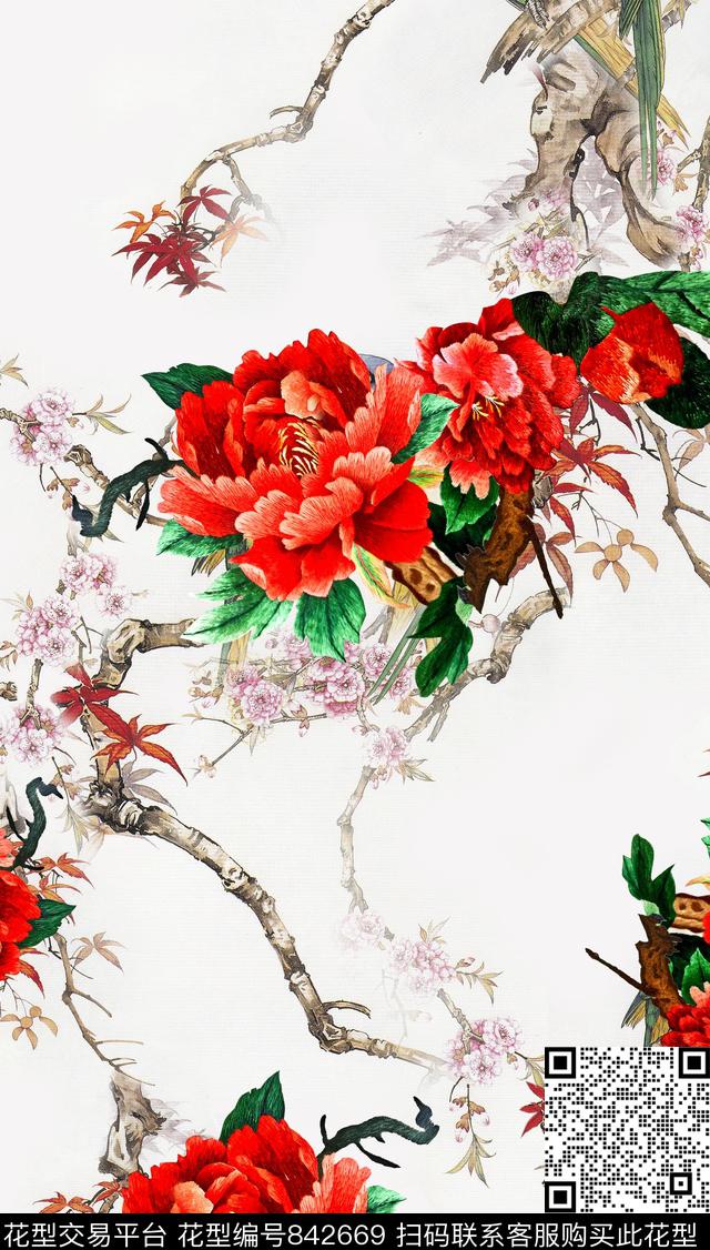绣花牡丹大红花数码印花华亿平台下载（图片编号: 842669） - 瓦栏（Walan）