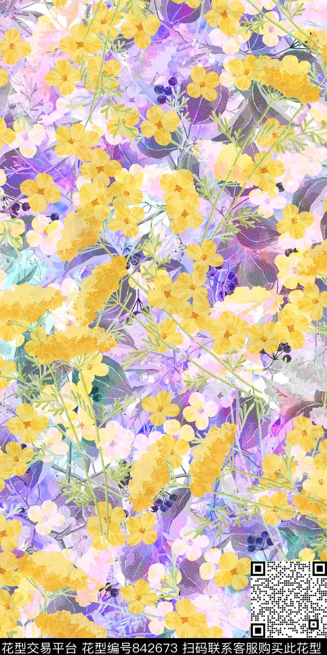 水彩乱花花朵数码印花华亿平台下载（图片编号: 842673） - 瓦栏（Walan）