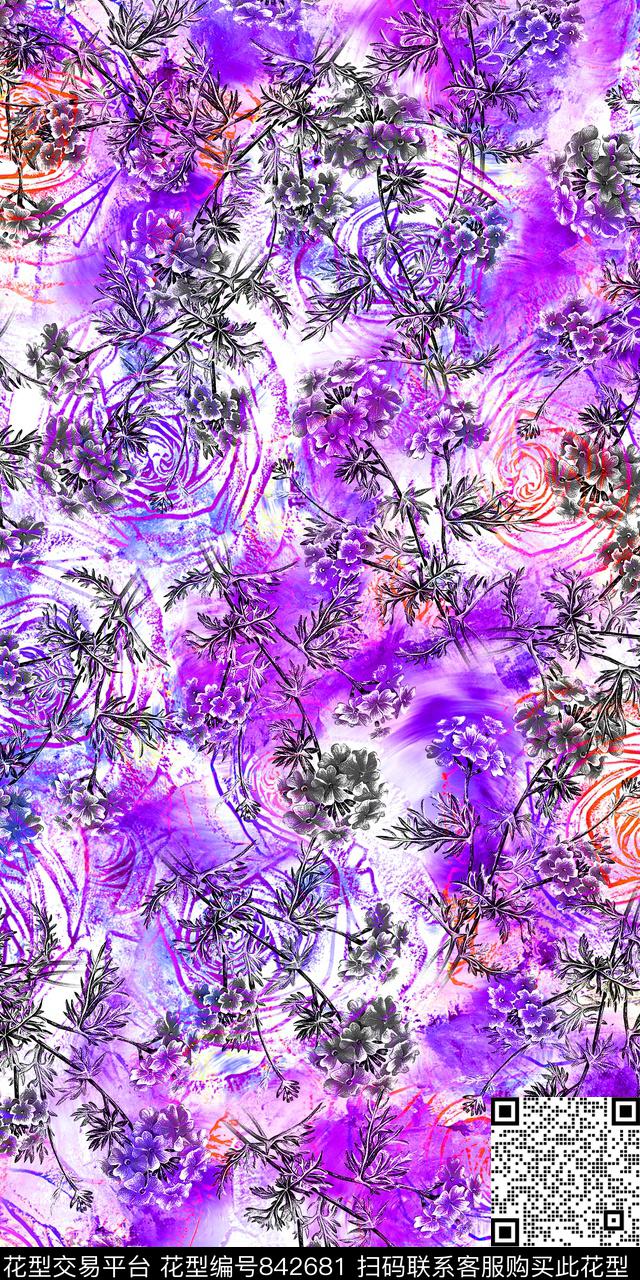 水彩乱花花朵数码印花华亿平台下载（图片编号: 842681） - 瓦栏（Walan）