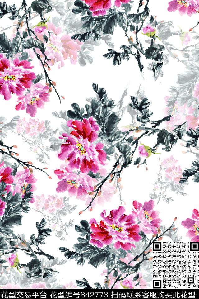 牡丹花卉水墨花卉数码印花华亿平台下载（图片编号: 842773） - 瓦栏（Walan）