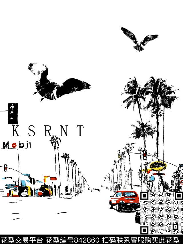 椰子树车子飞鸟传统印花华亿平台下载（图片编号: 842860） - 瓦栏（Walan）