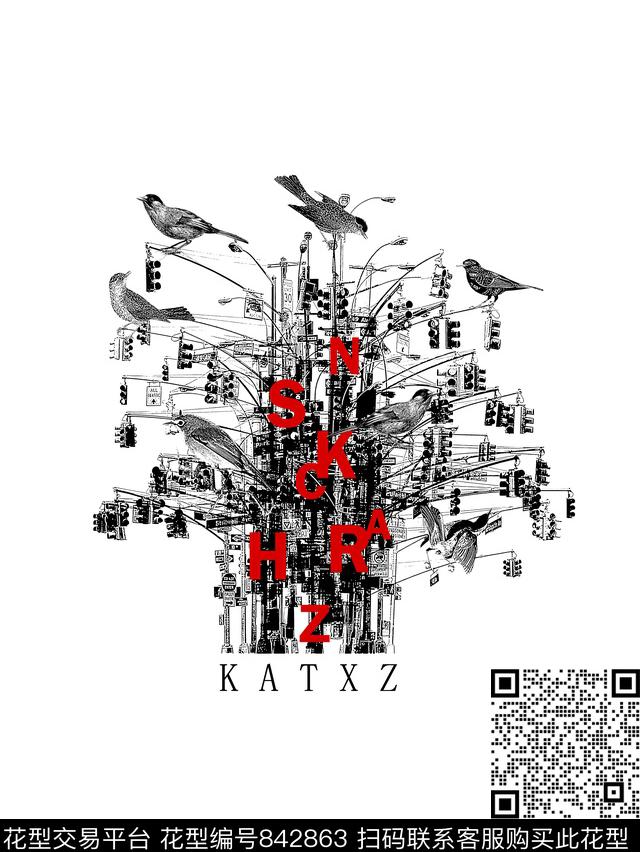 抽象纹理鸟男装T恤华亿平台传统印花华亿平台下载（图片编号: 842863） - 瓦栏（Walan）