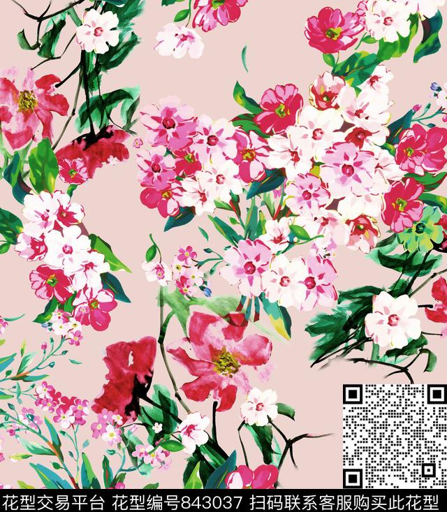 手绘水彩花卉数码印花华亿平台下载（图片编号: 843037） - 瓦栏（Walan）