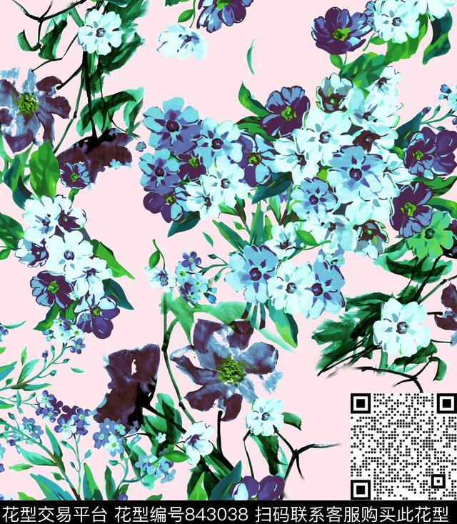 手绘水彩花卉数码印花华亿平台下载（图片编号: 843038） - 瓦栏（Walan）