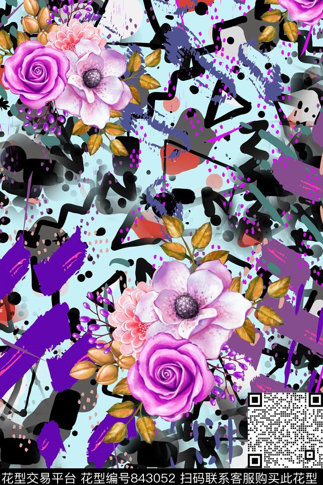条纹玫瑰花卉数码印花华亿平台下载（图片编号: 843052） - 瓦栏（Walan）