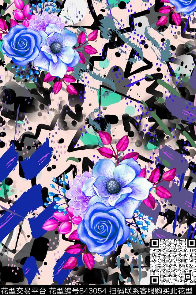 条纹玫瑰花卉数码印花华亿平台下载（图片编号: 843054） - 瓦栏（Walan）