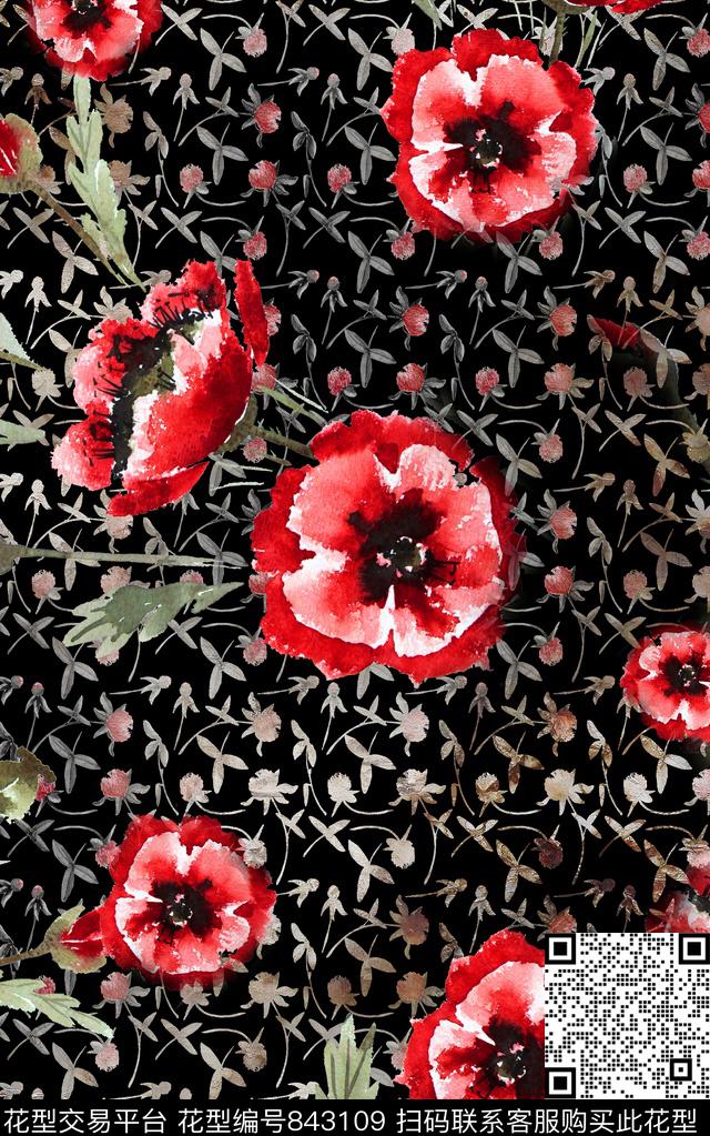 大花花朵花卉数码印花华亿平台下载（图片编号: 843109） - 瓦栏（Walan）
