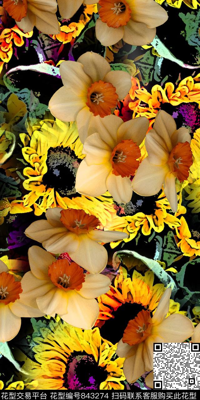 大花乱花雏菊数码印花华亿平台下载（图片编号: 843274） - 瓦栏（Walan）