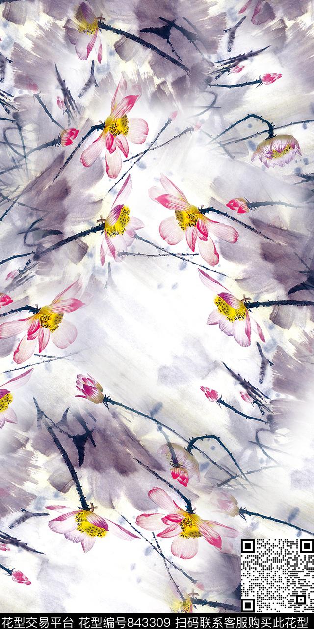 花卉中国风水彩数码印花华亿平台下载（图片编号: 843309） - 瓦栏（Walan）