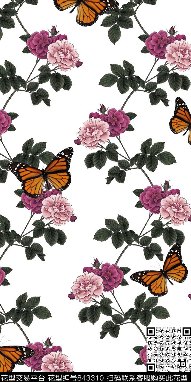 花朵蝴蝶乱花数码印花华亿平台下载（图片编号: 843310） - 瓦栏（Walan）