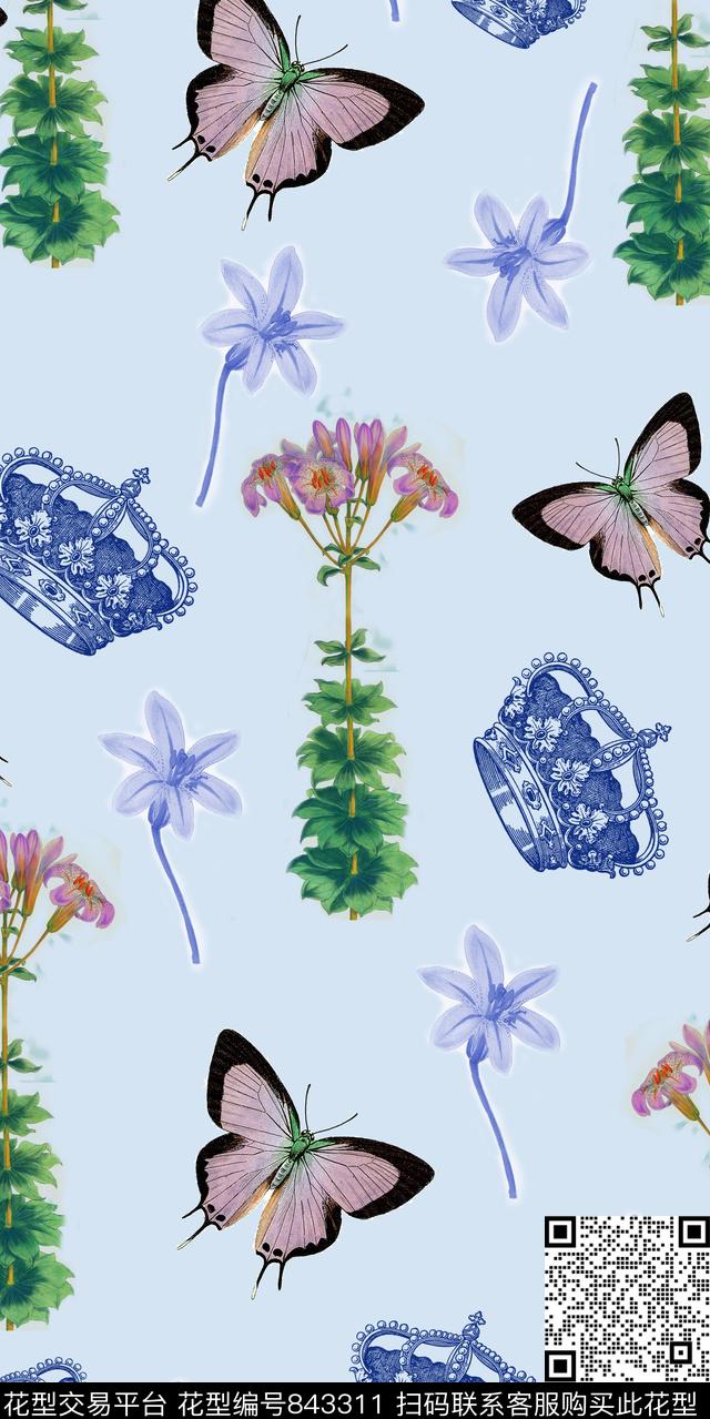 花卉蝴蝶皇冠数码印花华亿平台下载（图片编号: 843311） - 瓦栏（Walan）