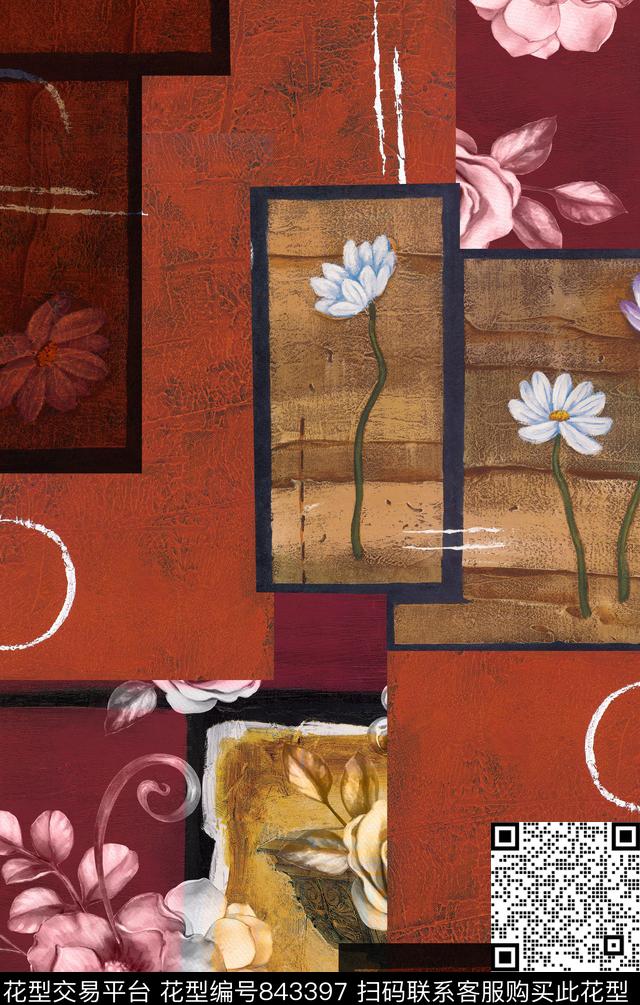 大花花朵花卉数码印花华亿平台下载（图片编号: 843397） - 瓦栏（Walan）