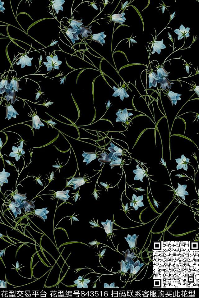 中国风优雅枝叶花卉小碎花数码印花华亿平台下载（图片编号: 843516） - 瓦栏（Walan）