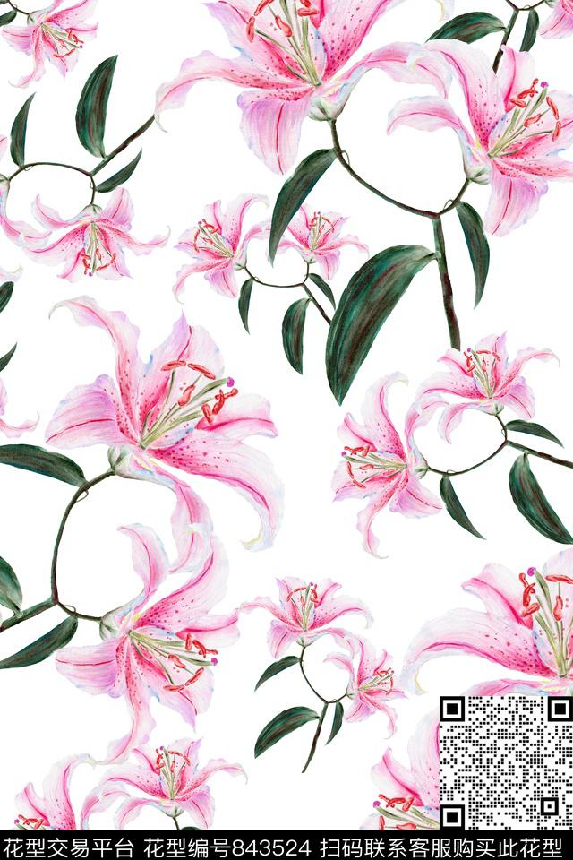 大花手绘花卉小清新数码印花华亿平台下载（图片编号: 843524） - 瓦栏（Walan）
