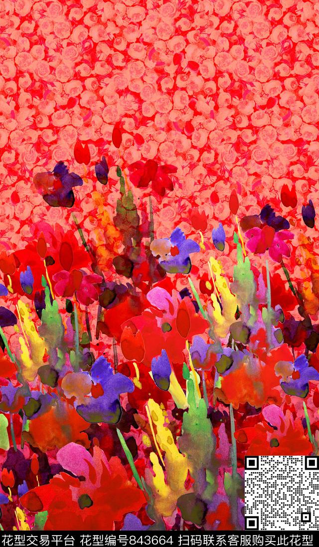 抽象水彩花卉定位小碎花底纹数码印花华亿平台下载（图片编号: 843664） - 瓦栏（Walan）