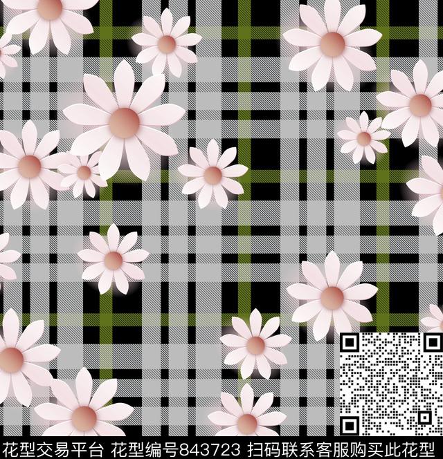 手绘花卉雏菊格子传统印花华亿平台下载（图片编号: 843723） - 瓦栏（Walan）