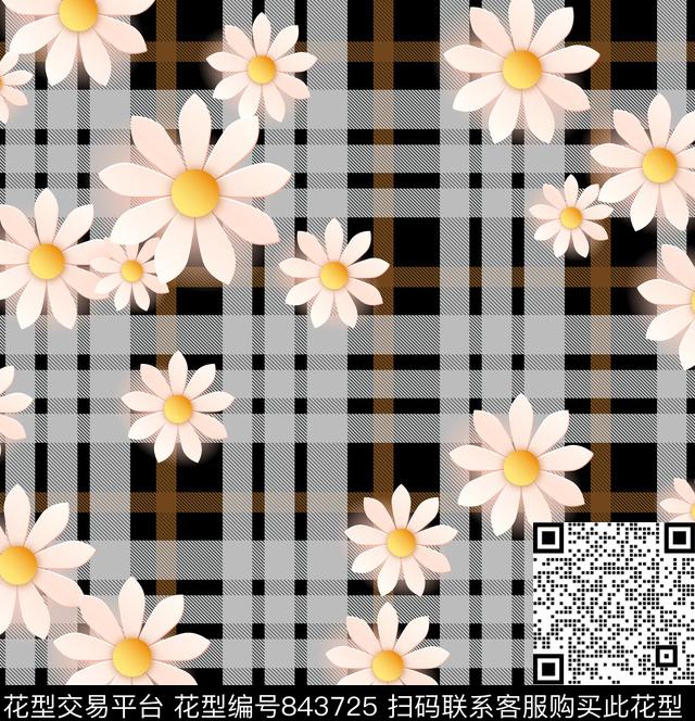 手绘花卉雏菊格子传统印花华亿平台下载（图片编号: 843725） - 瓦栏（Walan）