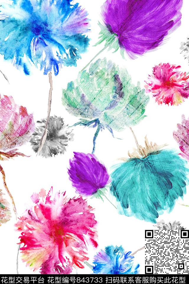水彩花卉抽象数码印花华亿平台下载（图片编号: 843733） - 瓦栏（Walan）