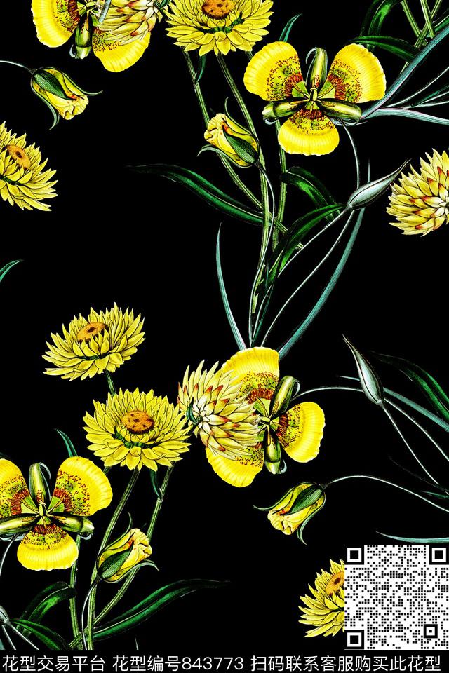 简洁大方大牌手绘水彩花卉数码印花华亿平台下载（图片编号: 843773） - 瓦栏（Walan）