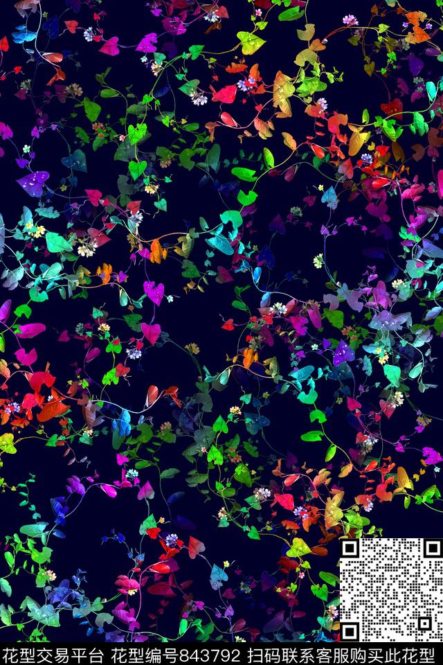 叶子小花中国风数码印花华亿平台下载（图片编号: 843792） - 瓦栏（Walan）