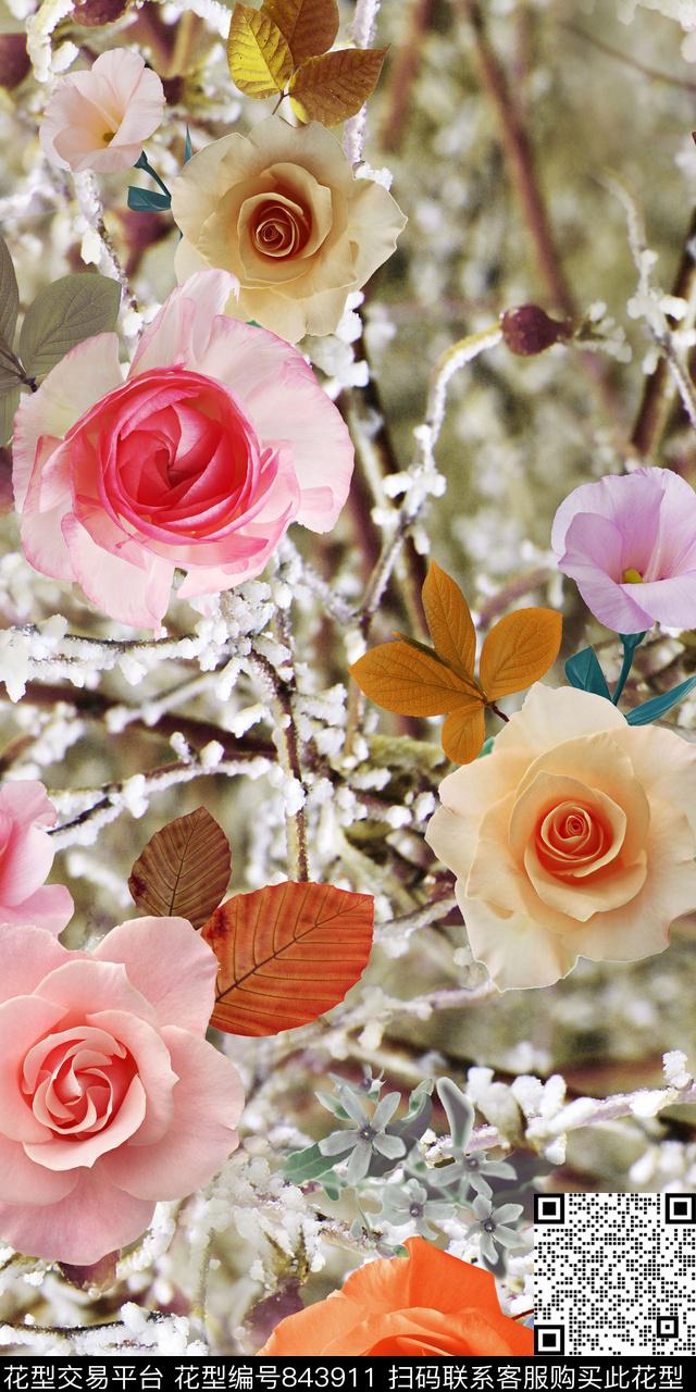 花朵花卉绿叶数码印花华亿平台下载（图片编号: 843911） - 瓦栏（Walan）