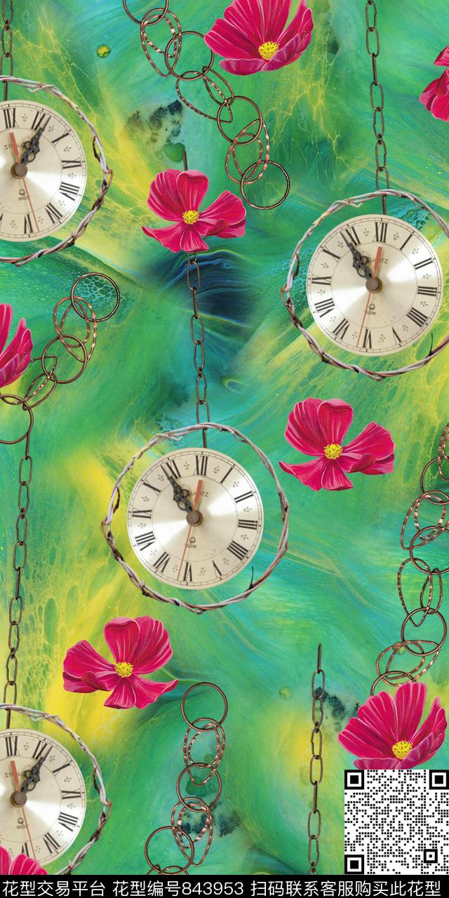 三色堇花卉钟表数码印花华亿平台下载（图片编号: 843953） - 瓦栏（Walan）