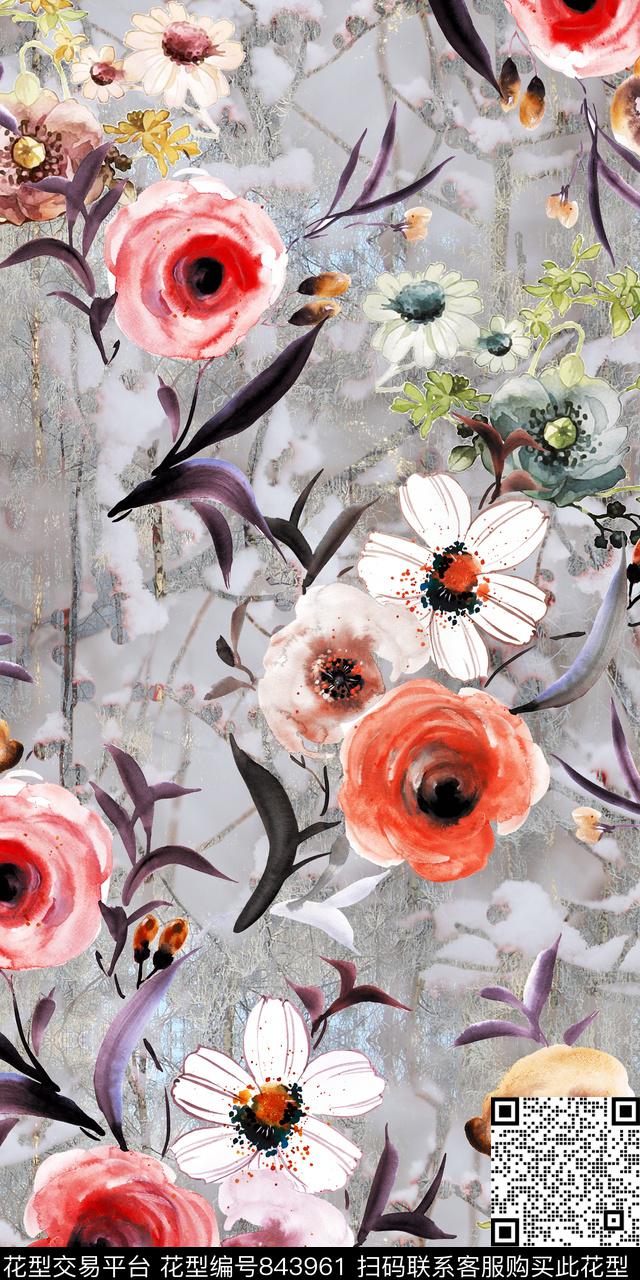 花朵花卉绿叶数码印花华亿平台下载（图片编号: 843961） - 瓦栏（Walan）