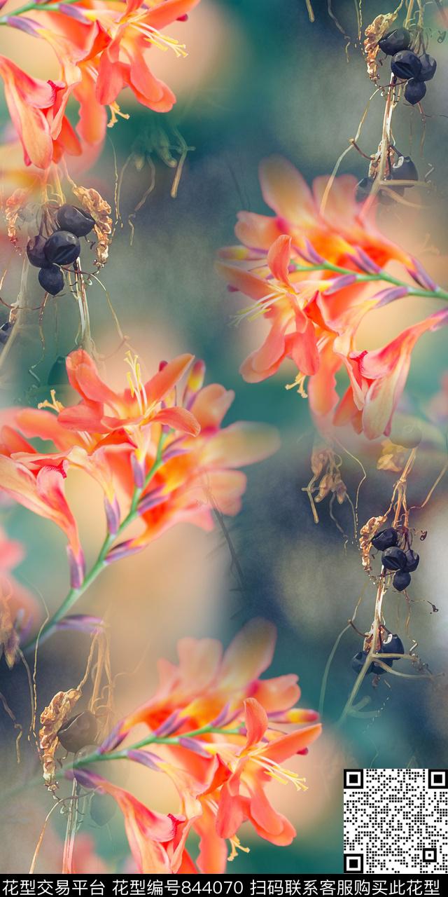 绿叶花朵花卉数码印花华亿平台下载（图片编号: 844070） - 瓦栏（Walan）