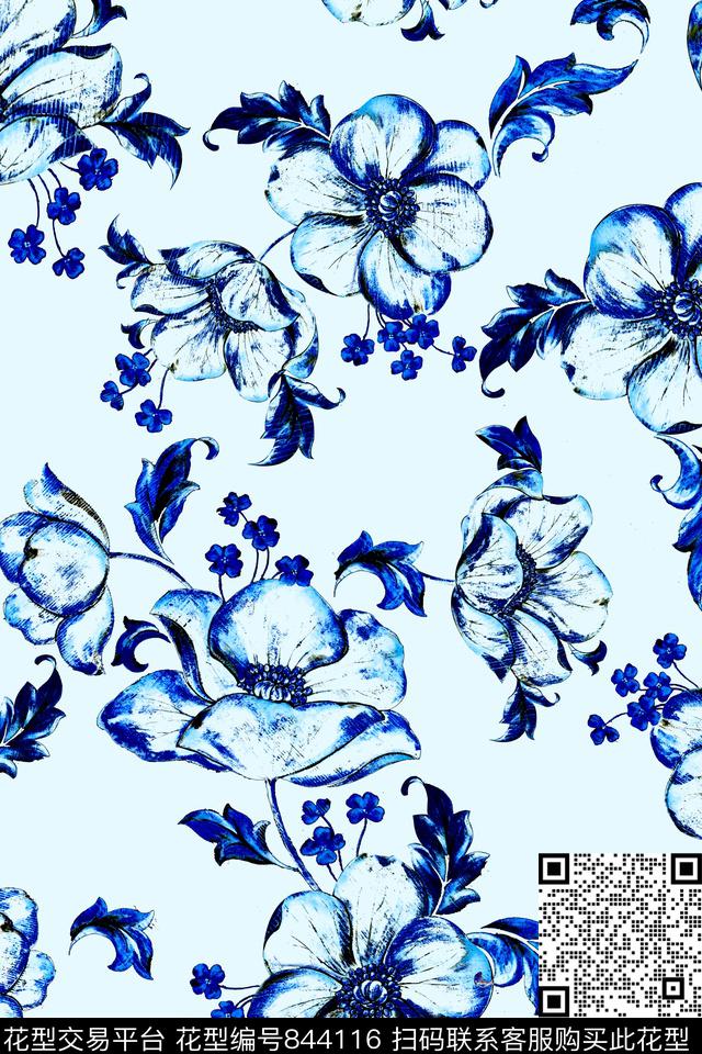 中国风青花瓷花卉数码印花华亿平台下载（图片编号: 844116） - 瓦栏（Walan）