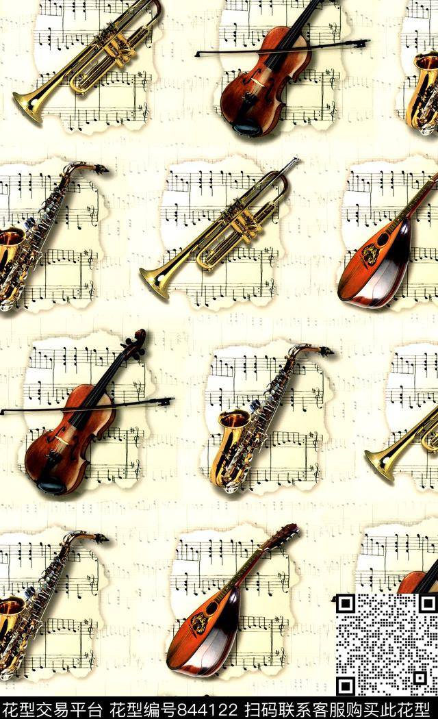 休闲手绘乐器数码印花华亿平台下载（图片编号: 844122） - 瓦栏（Walan）