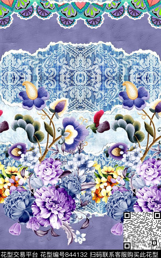 休闲牛仔布花卉数码印花华亿平台下载（图片编号: 844132） - 瓦栏（Walan）