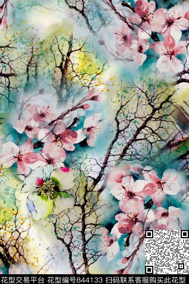 花卉水彩桃花数码印花华亿平台下载（图片编号: 844133） - 瓦栏（Walan）