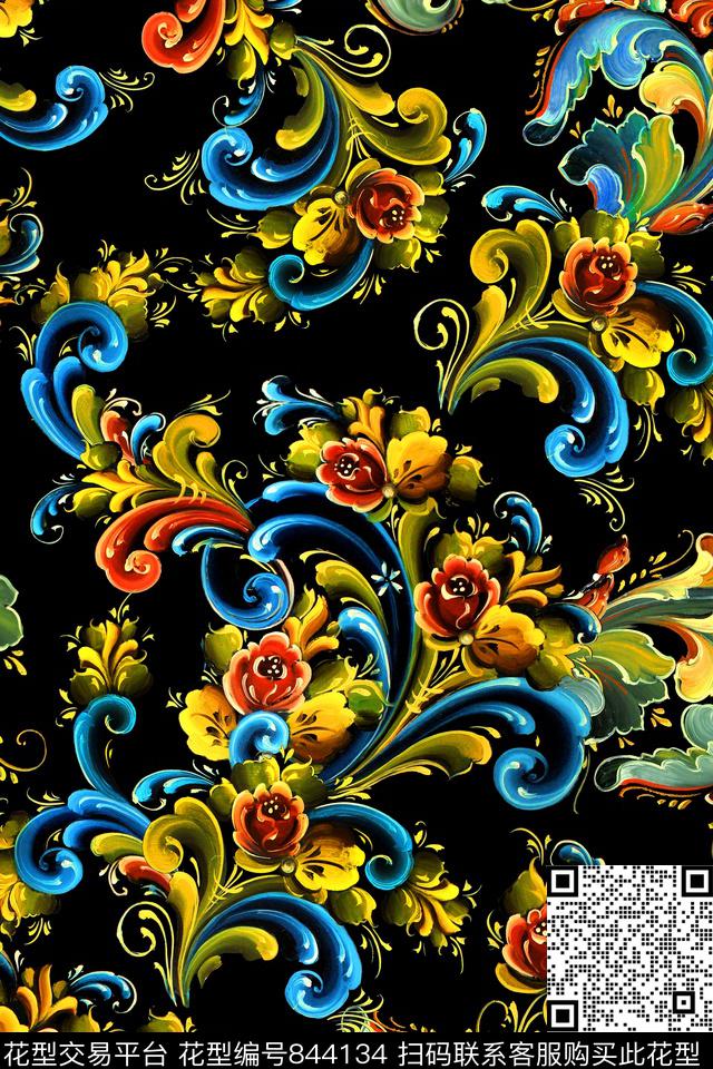 花卉卷草欧式花纹数码印花华亿平台下载（图片编号: 844134） - 瓦栏（Walan）