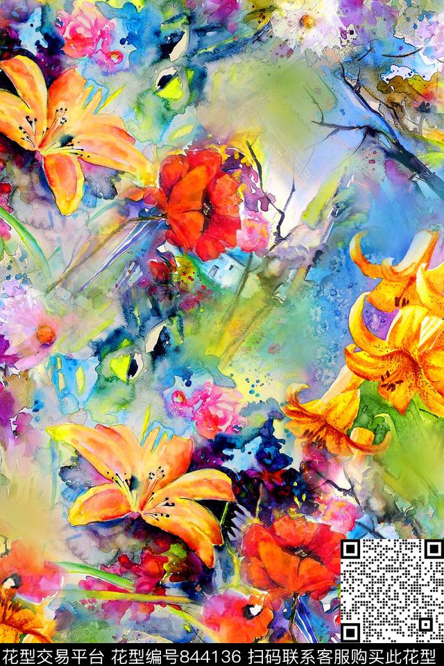 花卉水彩百合数码印花华亿平台下载（图片编号: 844136） - 瓦栏（Walan）