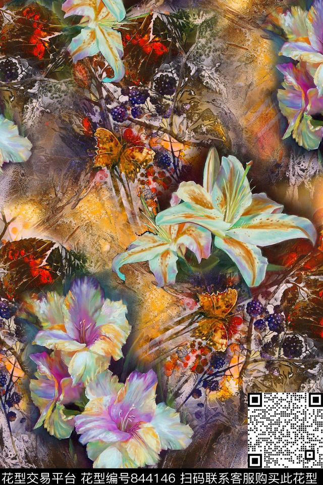 花卉油画百合数码印花华亿平台下载（图片编号: 844146） - 瓦栏（Walan）