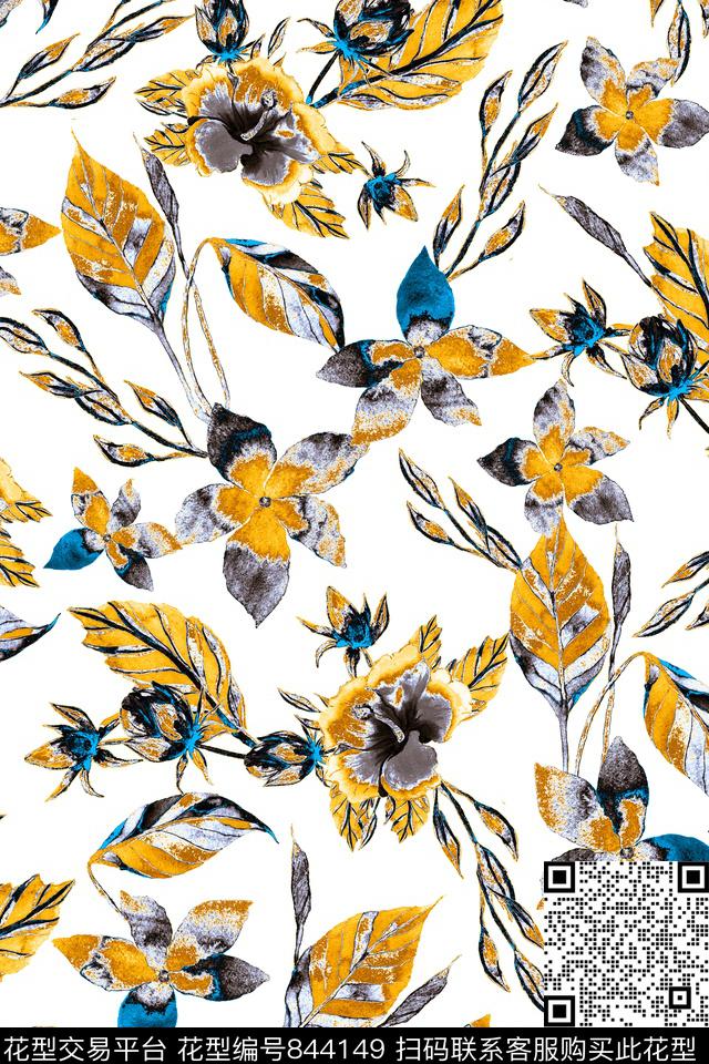 手绘花卉抽象数码印花华亿平台下载（图片编号: 844149） - 瓦栏（Walan）